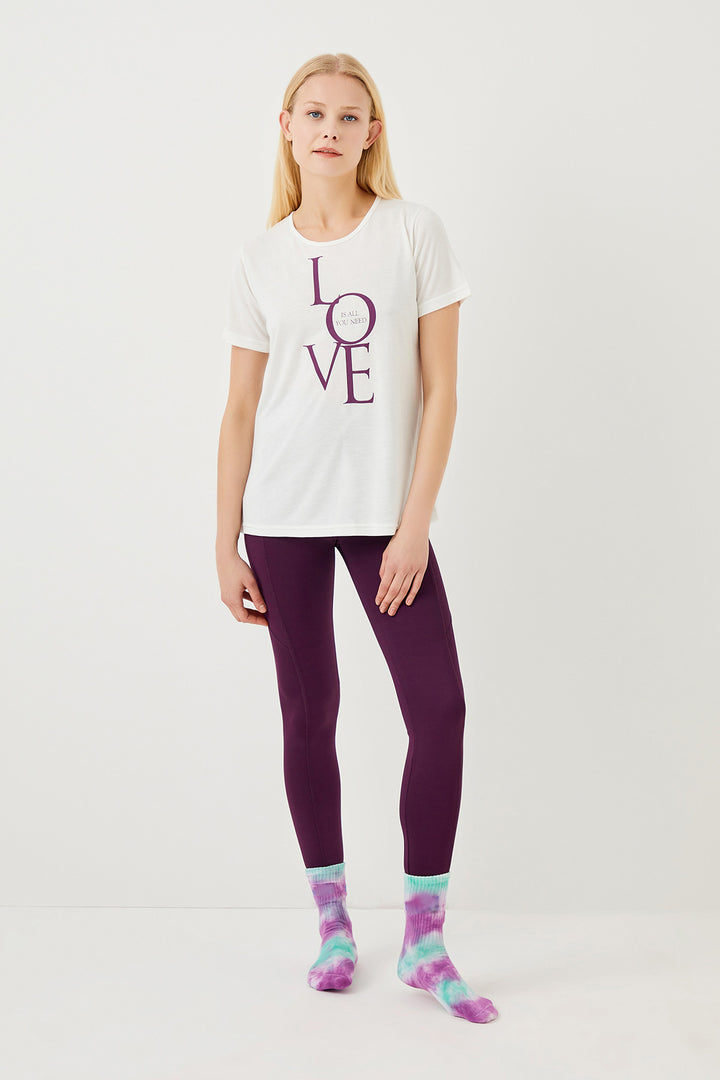 SEAMLESS ACTIVEWEAR LEGGINGS WITH YOGA SLOGAN T SHIRT SET PLUM PURPL ENNA MODA